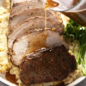 sliced pork loin with gravy