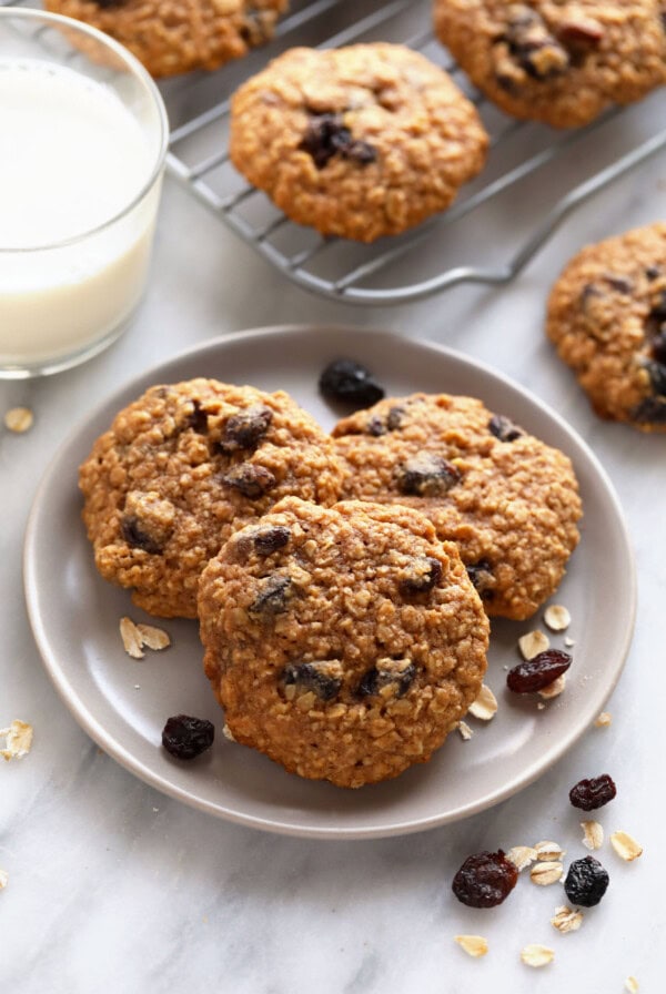 Oatmeal raisin cookies on a plate.