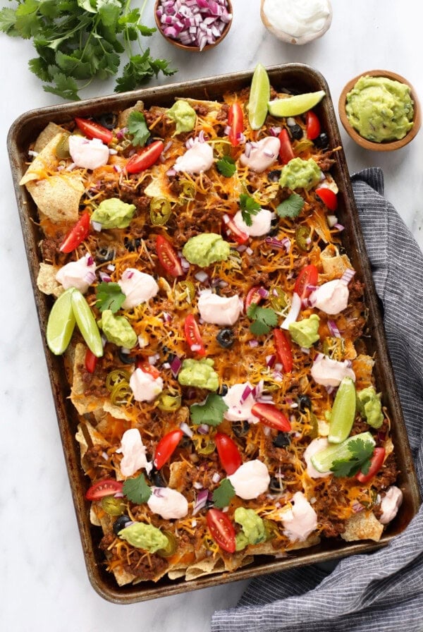 beef nachos in sheet pan