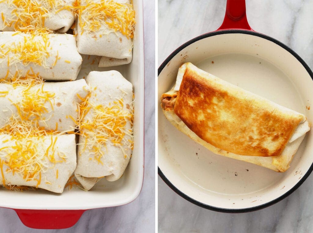 shredded chicken burritos in a casserole dish, ready to be heated up in the oven as well as one burrito in a skillet being seared to golden brown.