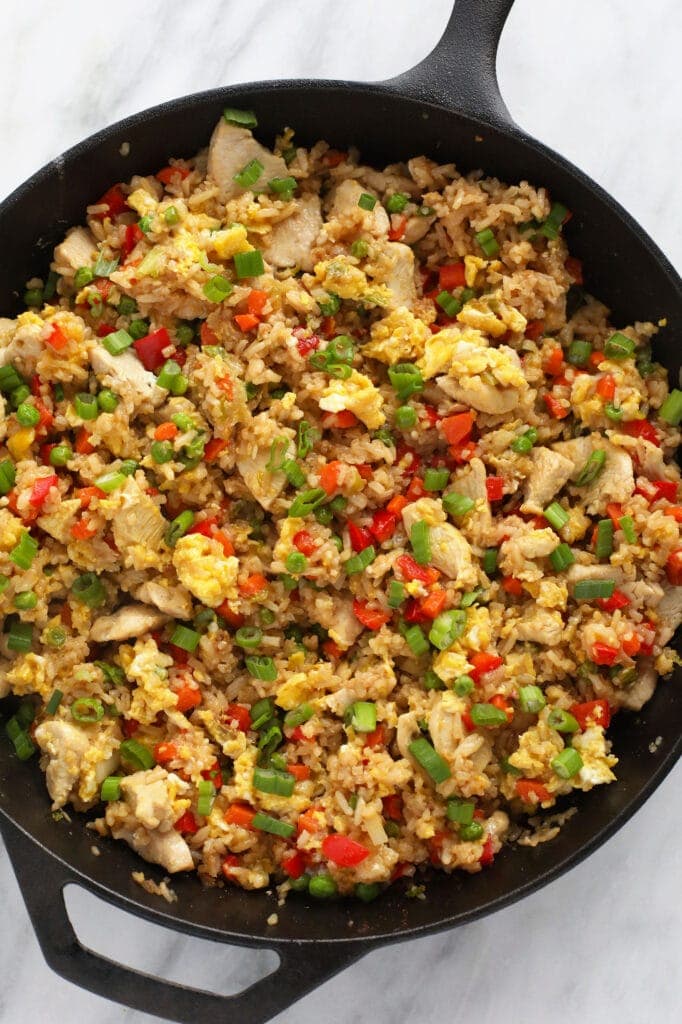 chicken fried rice in cast iron pan