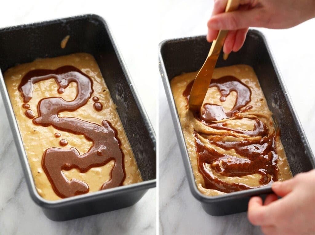 Making a cinnamon swirl in the middle of banana bread. 