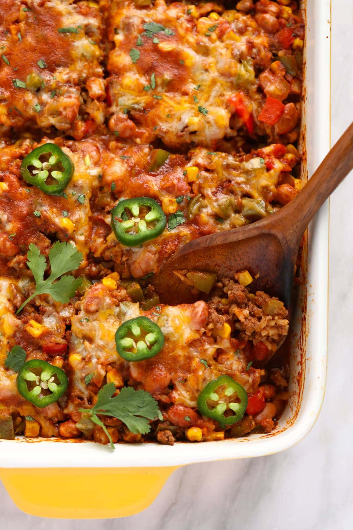 Mexican beef casserole in a bowl. 