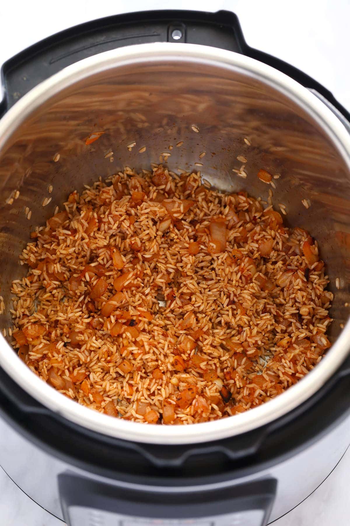 All the ingredients for jambalaya in an Instant Pot. 