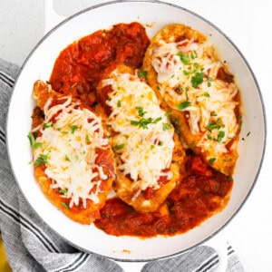 chicken parmesan in casserole dish.