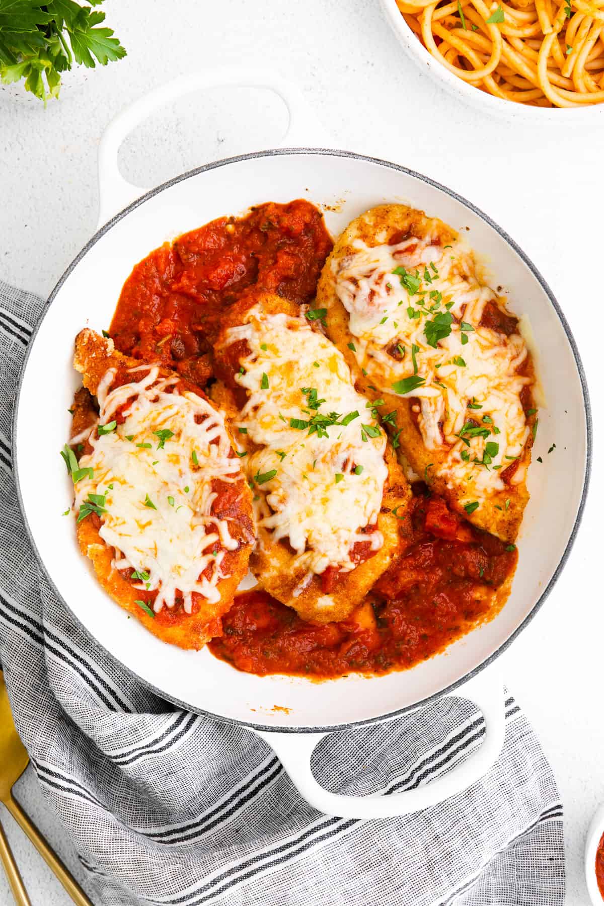 chicken parmesan in baking dish.