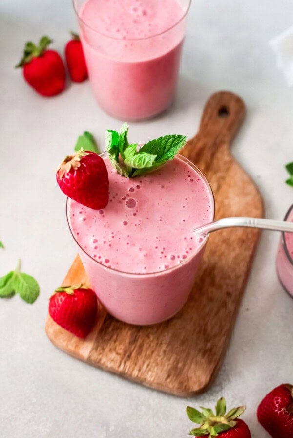 strawberry banana smoothie on counter