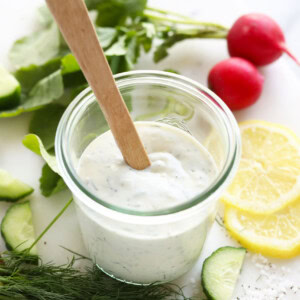 Greek yogurt dressing in jar.