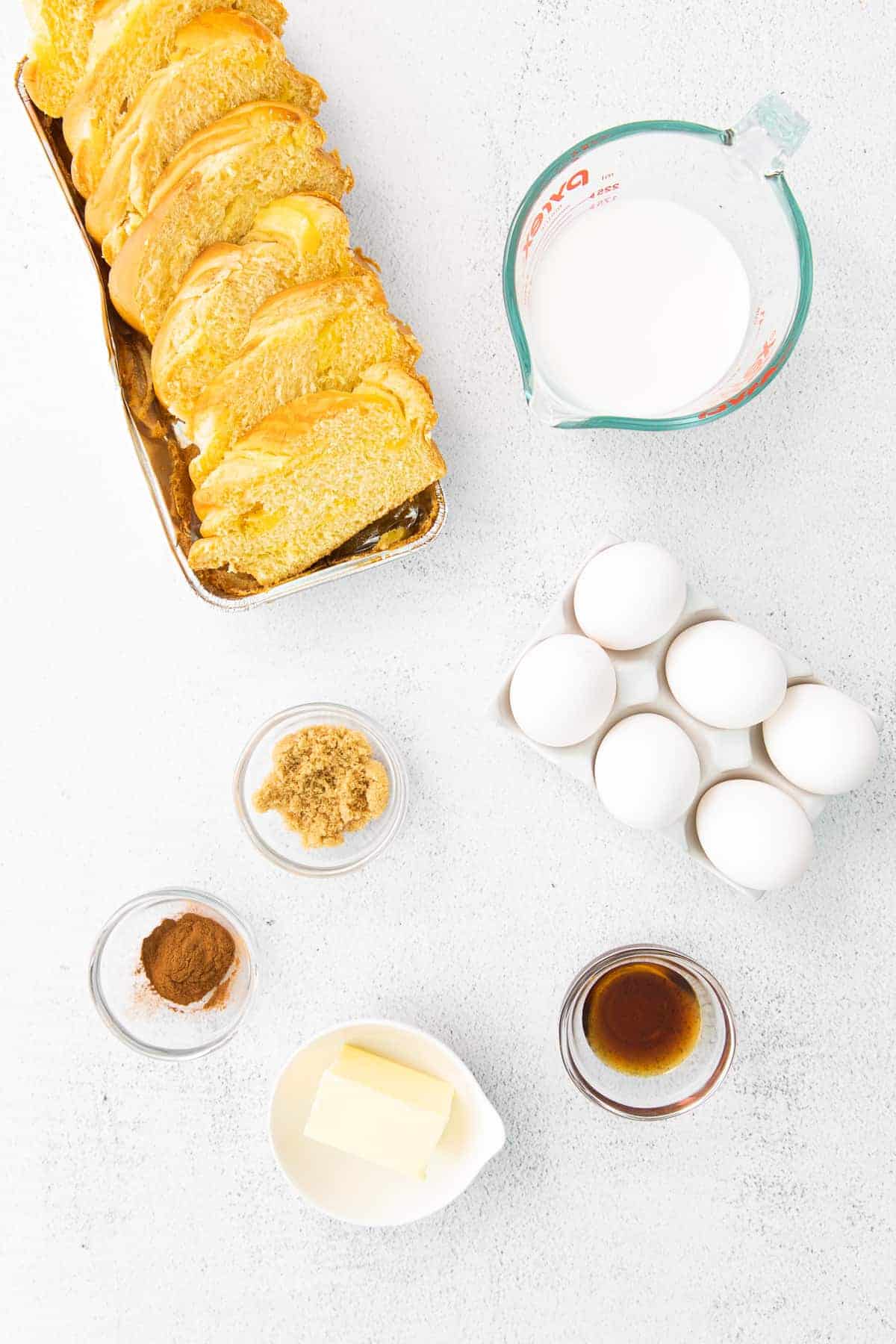 ingredients for french toast laid out on the counter and ready to be prepared