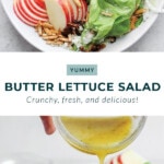 a recipe for butter lettuce salad on a white plate.