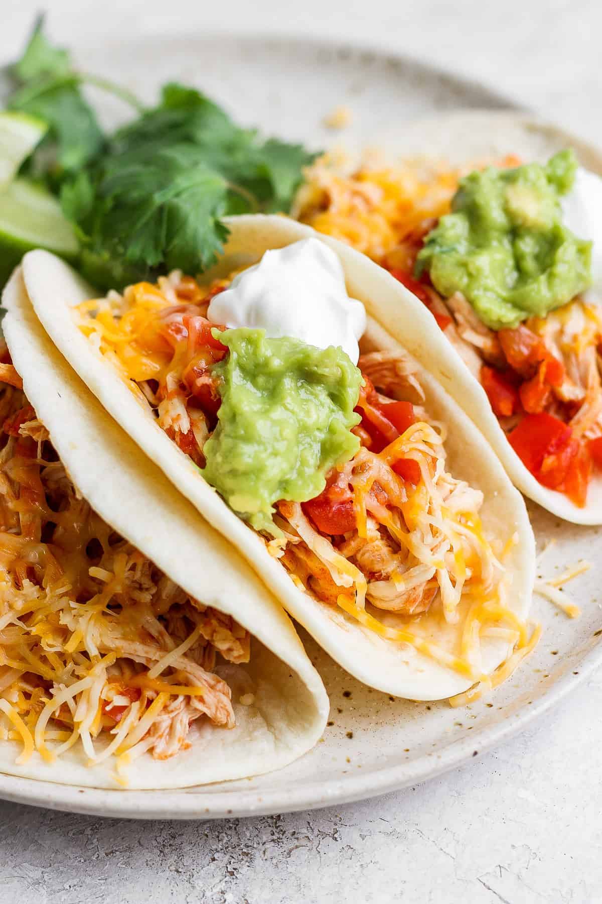 chicken tacos with cheese and guacamole on plate.