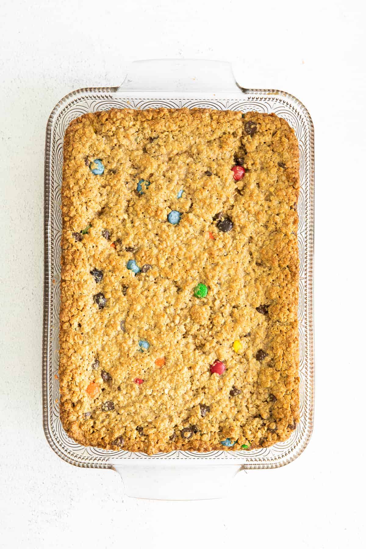 monster bars in baking dish.