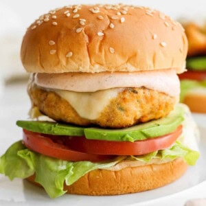 chicken burger on plate.