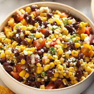 Mexican black bean corn salad with tortilla chips.