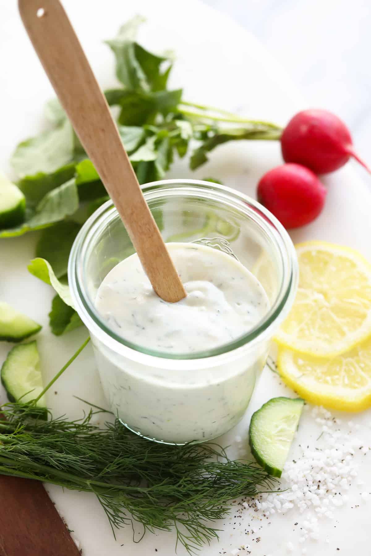 Greek yogurt dressing in jar.