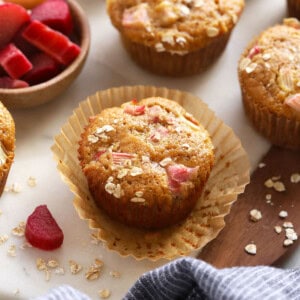 Rhubarb muffin in a muffin liner.