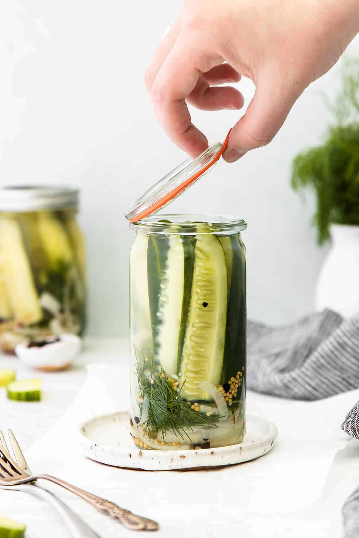 A jar full of refrigerator pickles. 