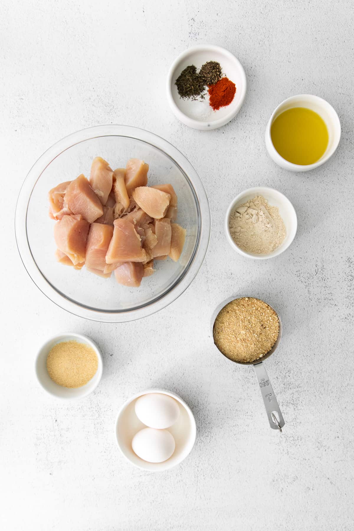 All the ingredients for air fryer chicken nuggets on the counter. 