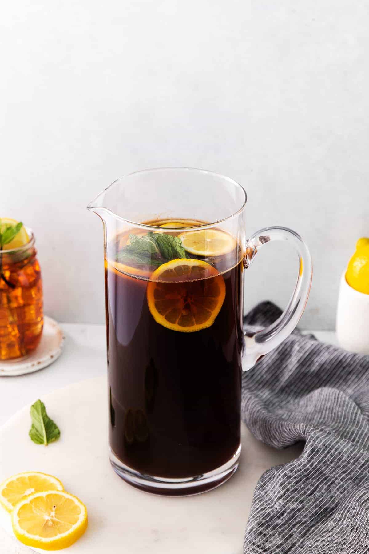 pitcher of homemade iced tea ready to be served