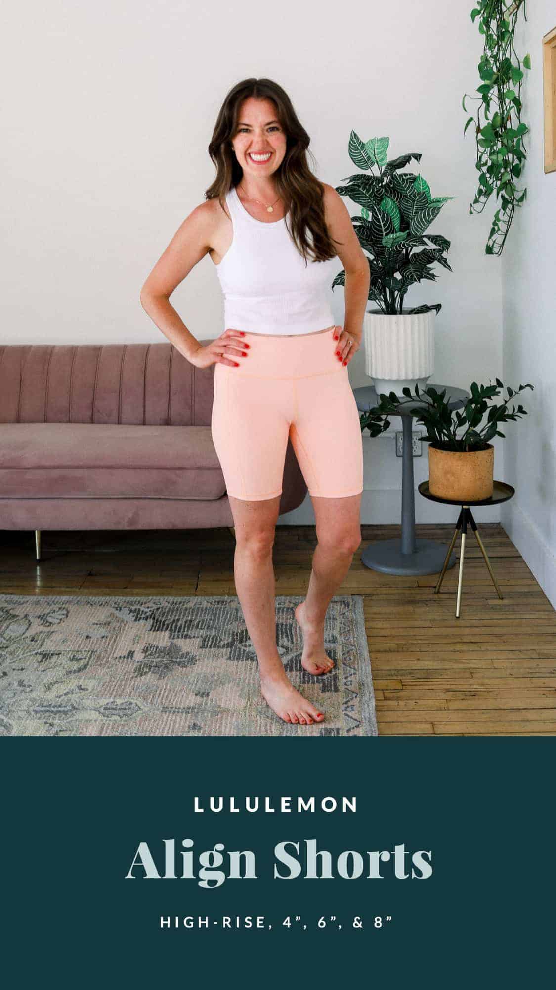 linley wearing lululemon align shorts in a peach color