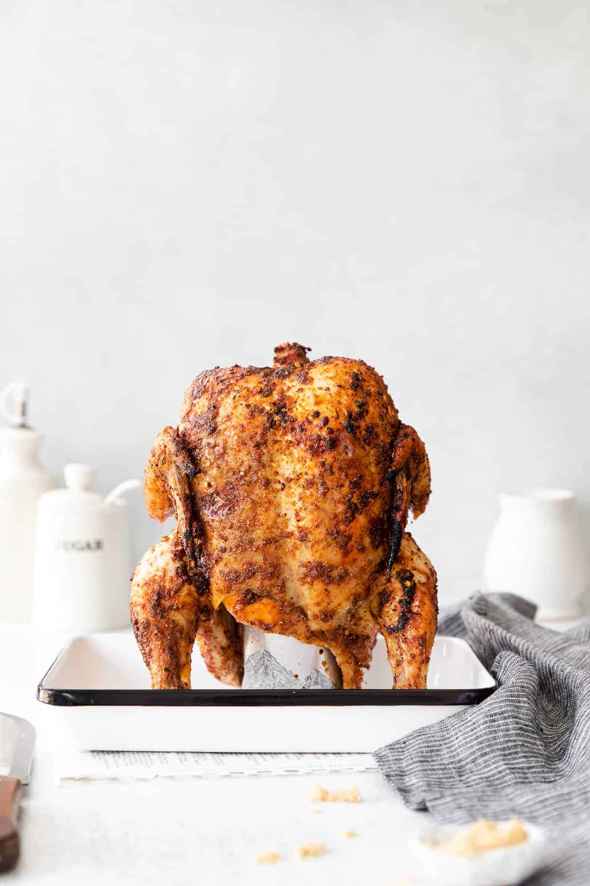 beer can chicken oven in roasting pan.