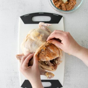 A person's hands sprinkling spices on a raw chicken to prepare beer can chicken.