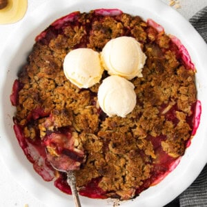 plum crisp in baking dish