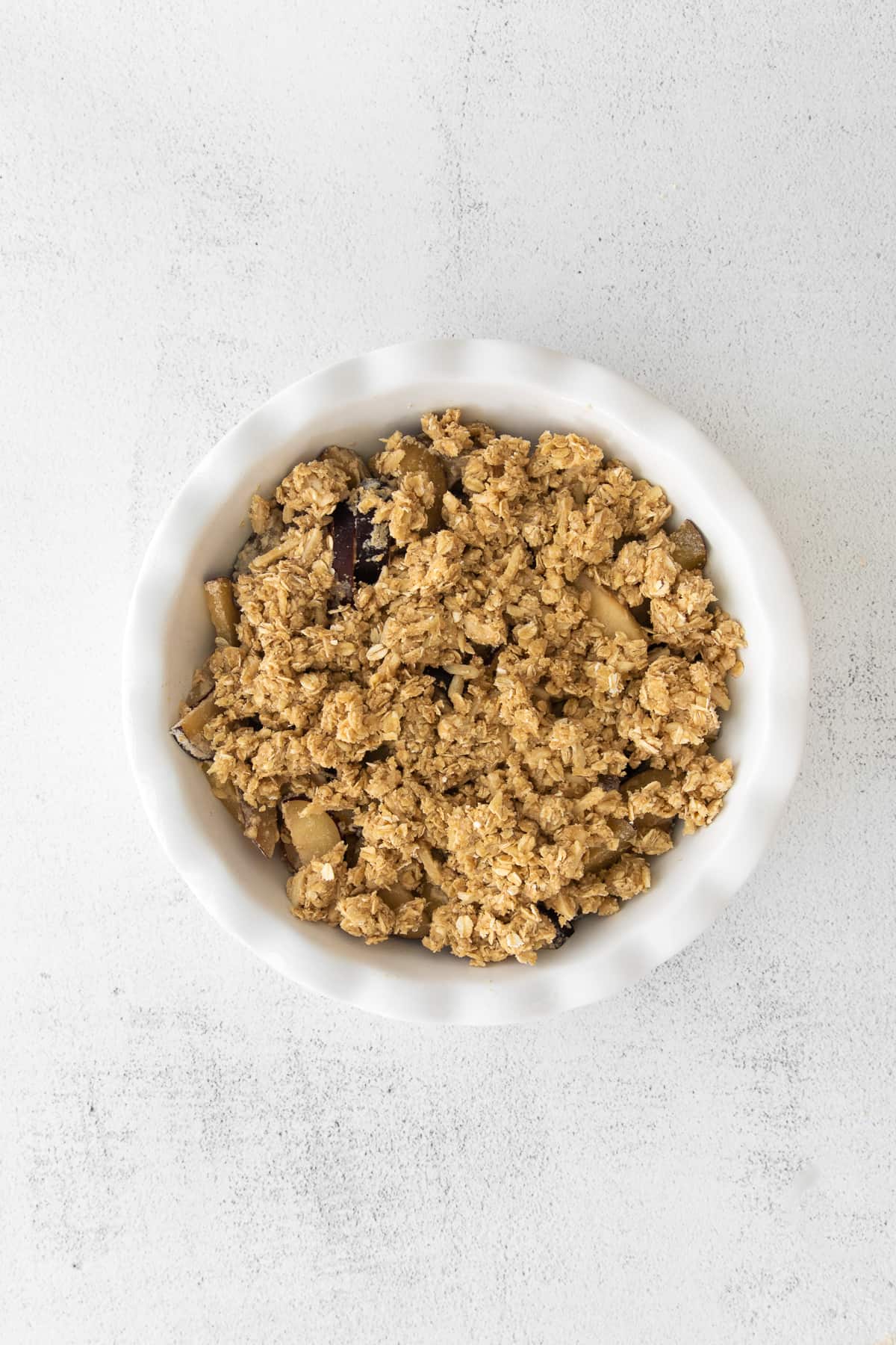 plum crisp in baking dish