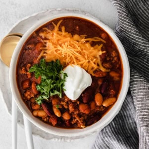 instant pot chili in a bowl.