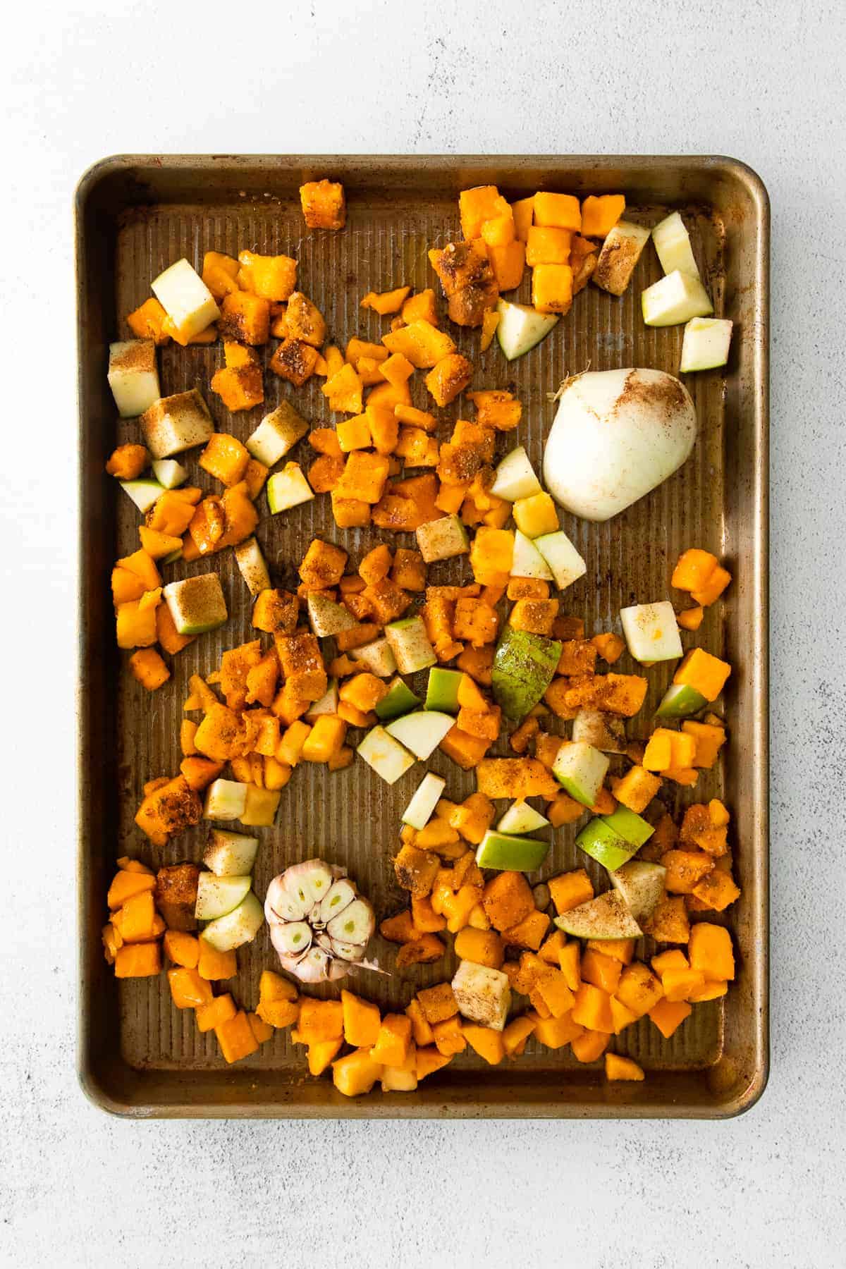 diced veggies on baking sheet