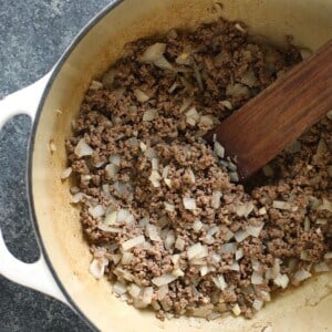 beef and onions in pot.