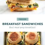 A tray stacked with breakfast sandwiches.