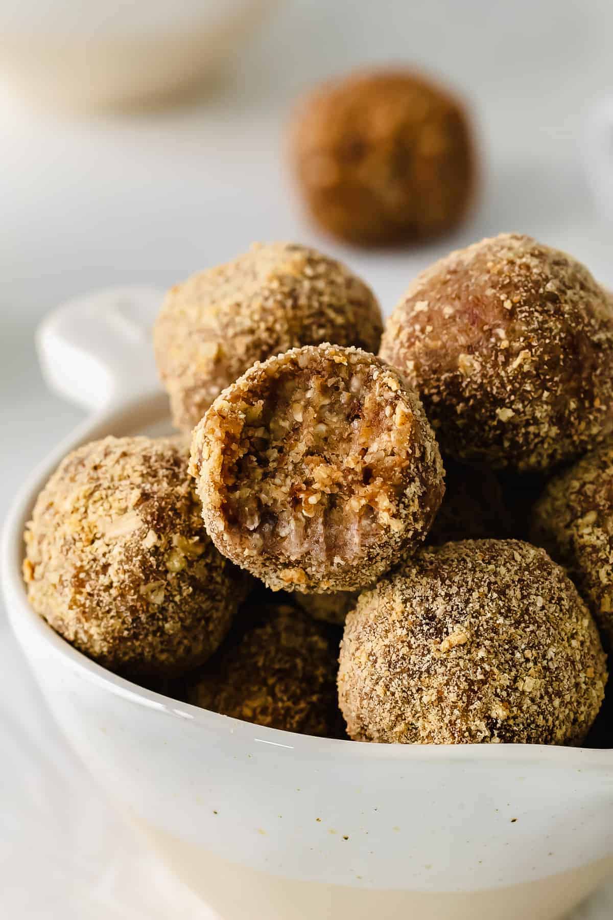 Pecan pie balls in a bowl. 