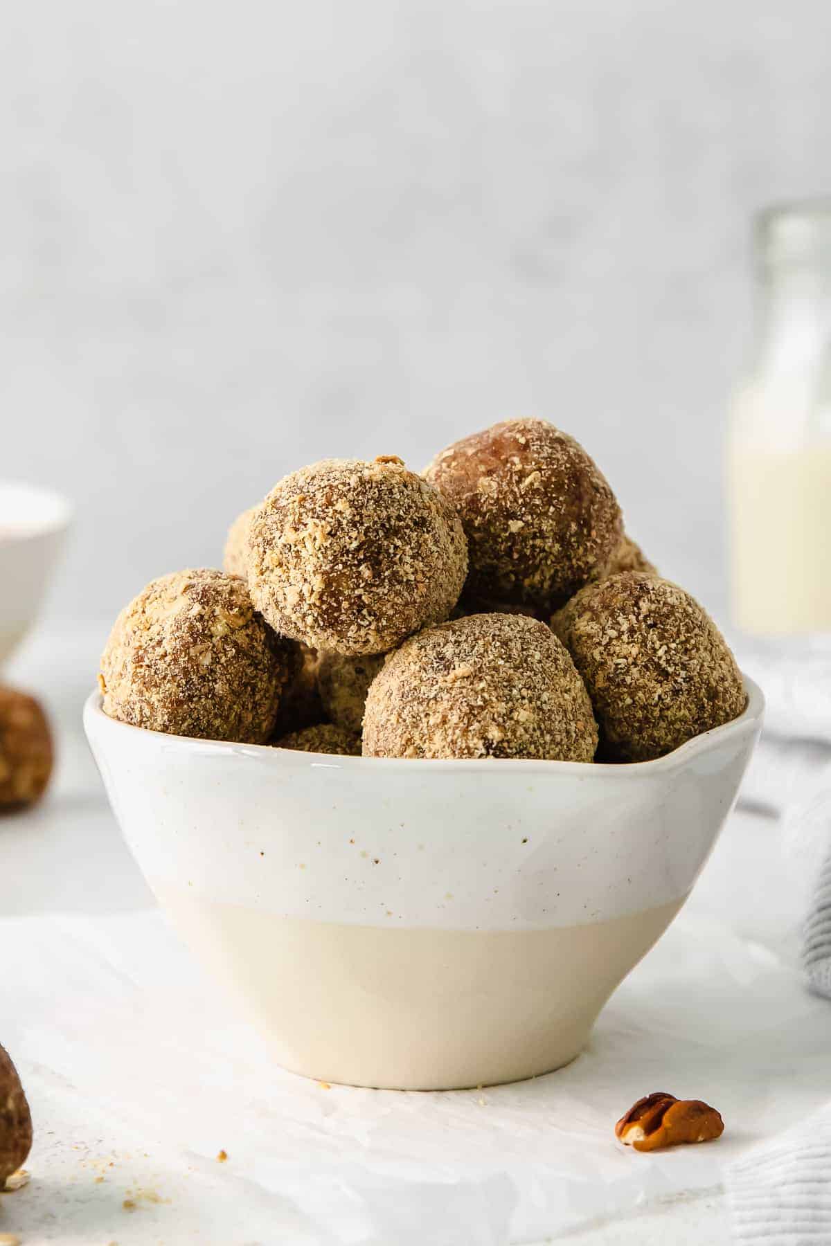 Pecan pie balls in a bowl. 