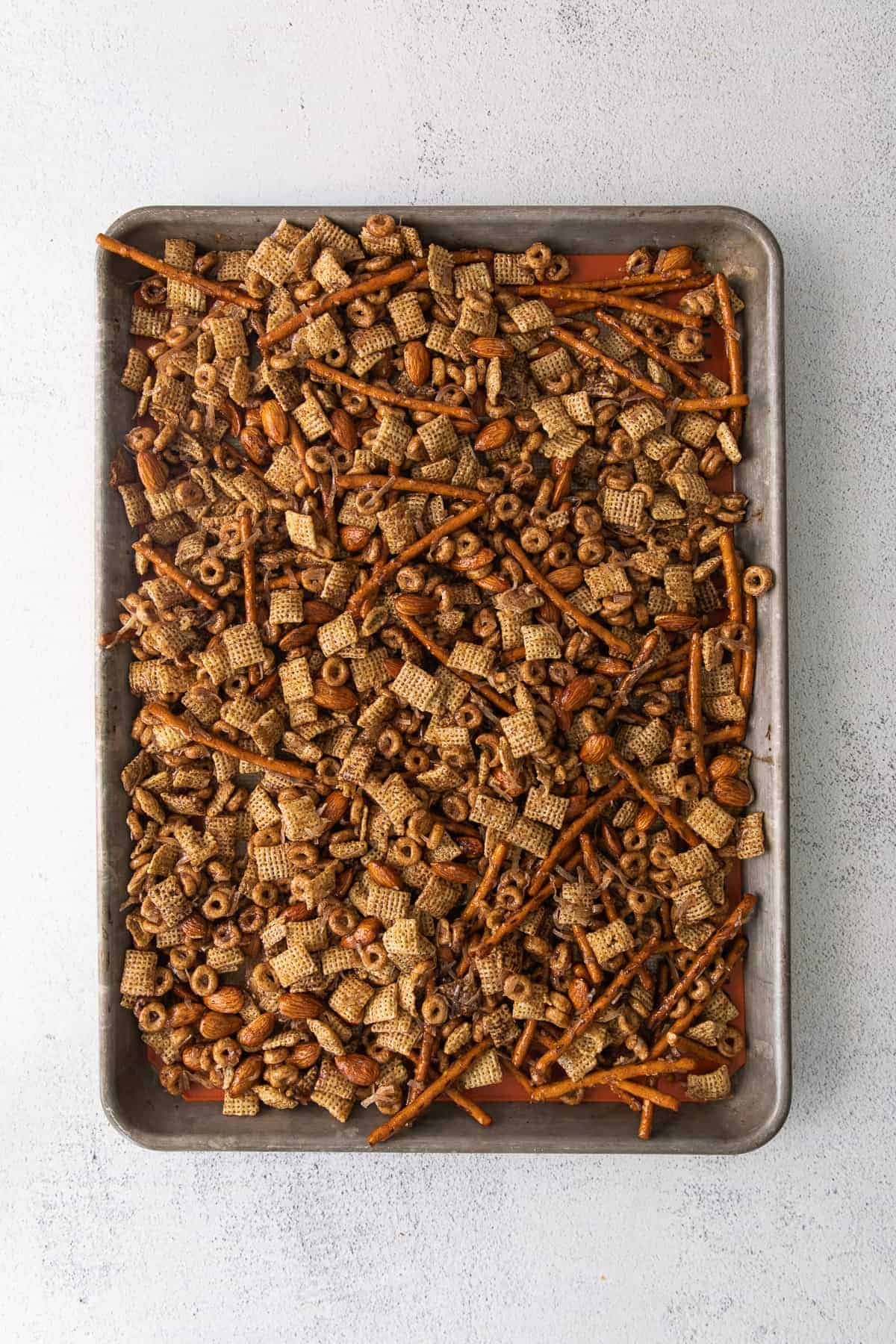 A pan of chai chex mix. 