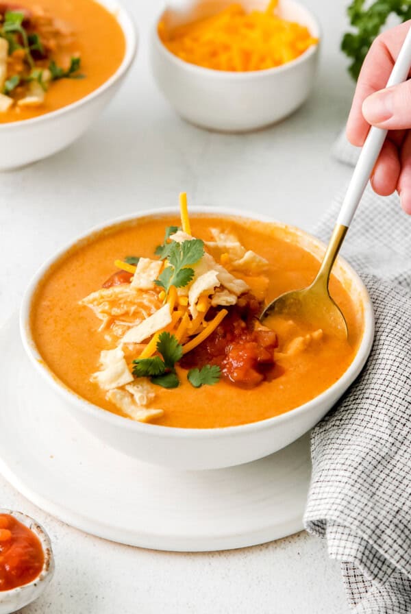 Chili's chicken enchilada soup in a bowl with toppings.