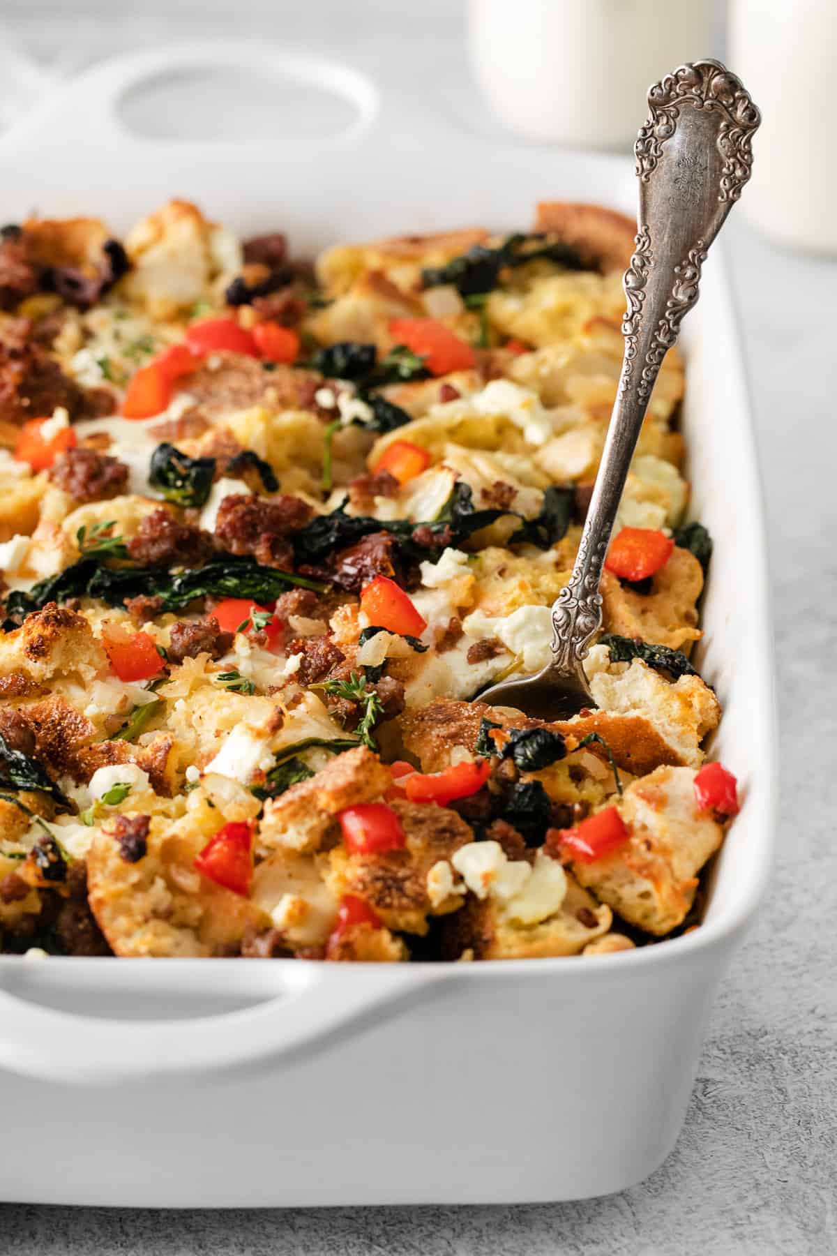 English muffin breakfast bake in a casserole dish. 