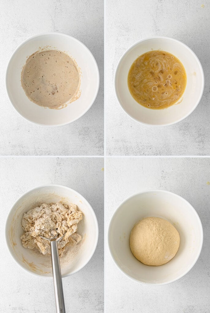 maple cinnamon rolls dough in bowls as its mixed together