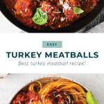 Turkey meatballs in a skillet with spaghetti.