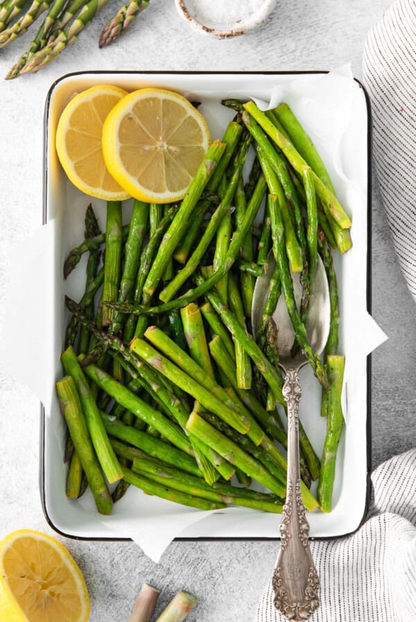 Air fryer asparagus on a platter.