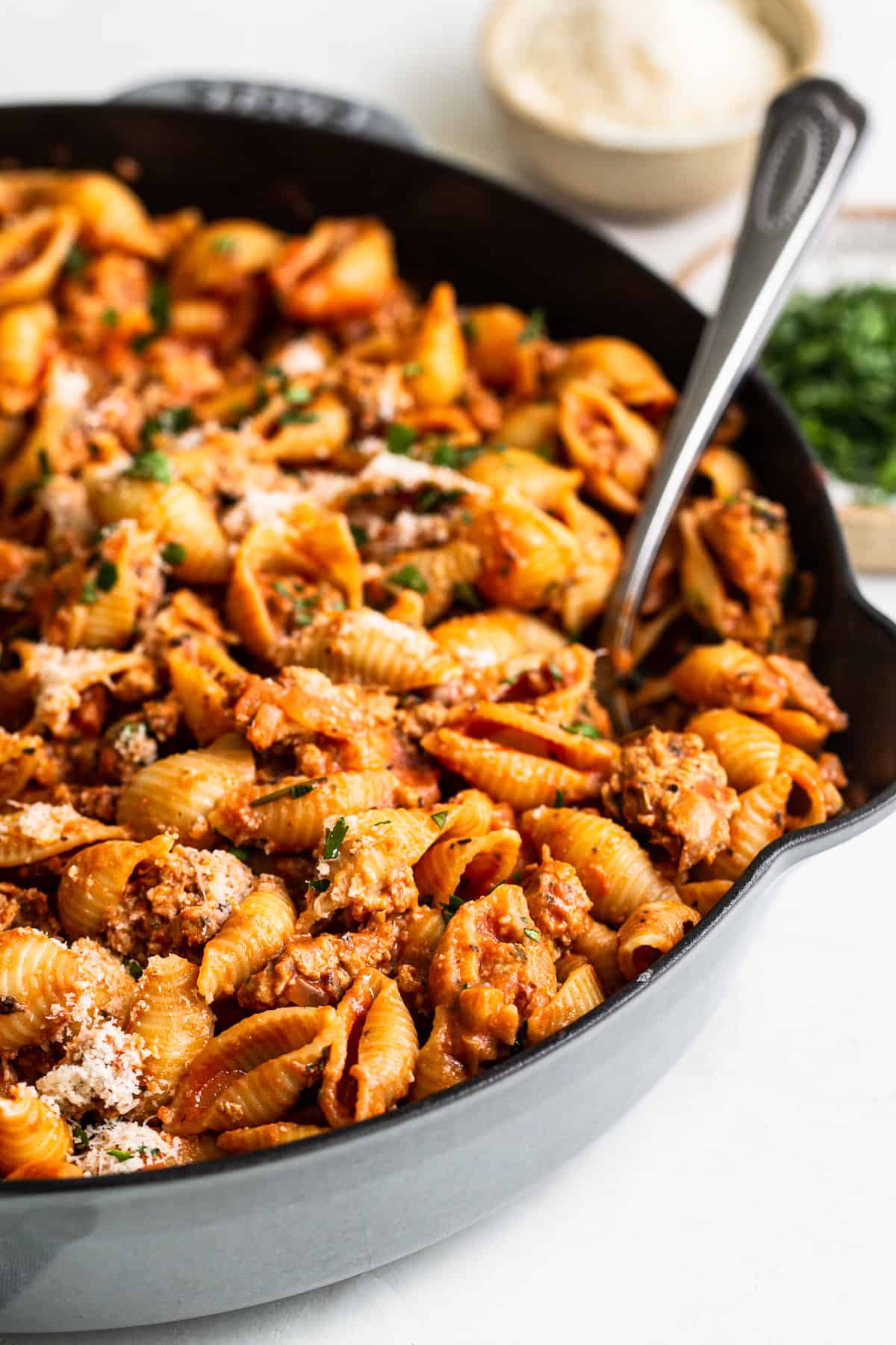 pasta in cast iron skillet