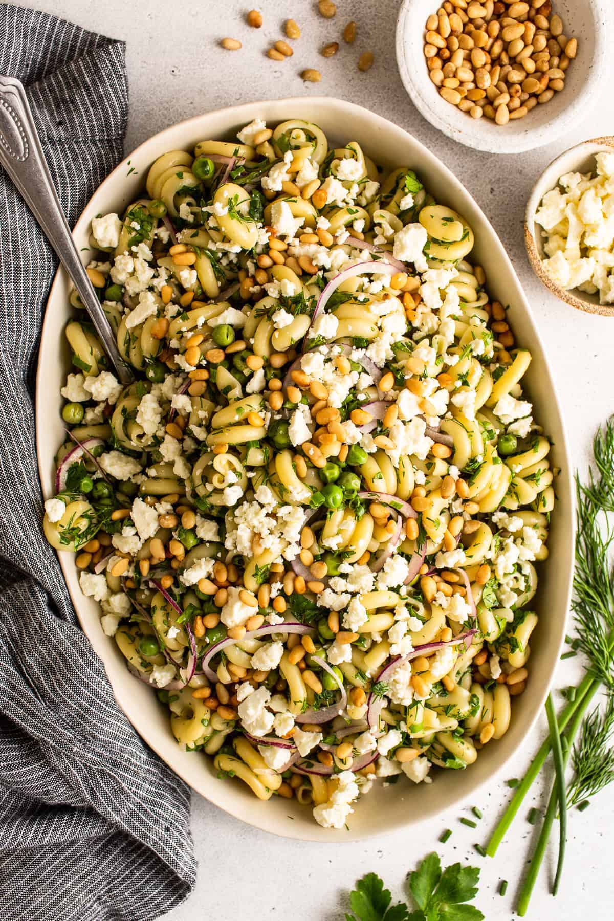 lemon pasta salad in large bowl