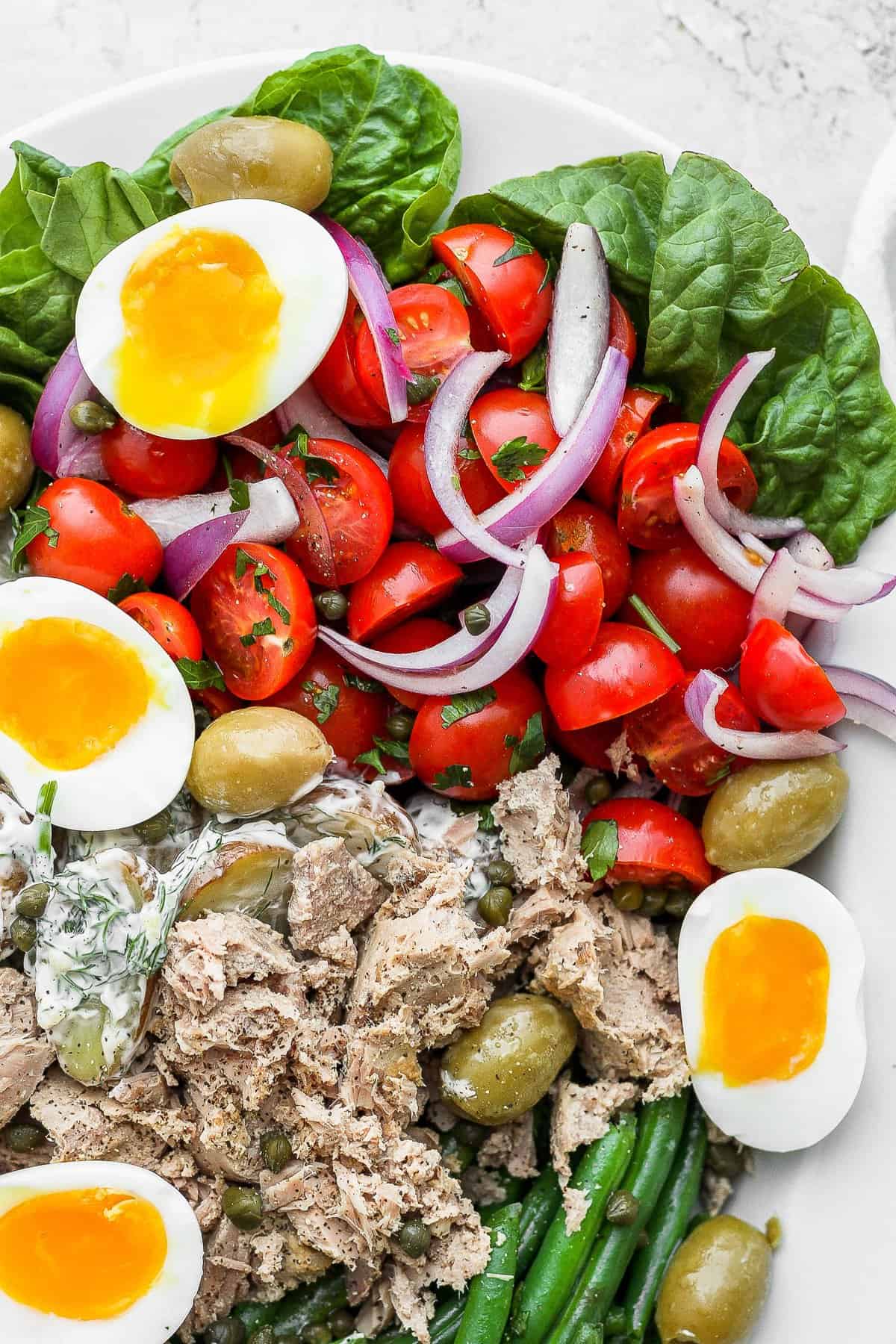 Nicoise salad on a platter. 