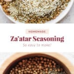 Homemade za'atar seasoning in a bowl with a spoon.