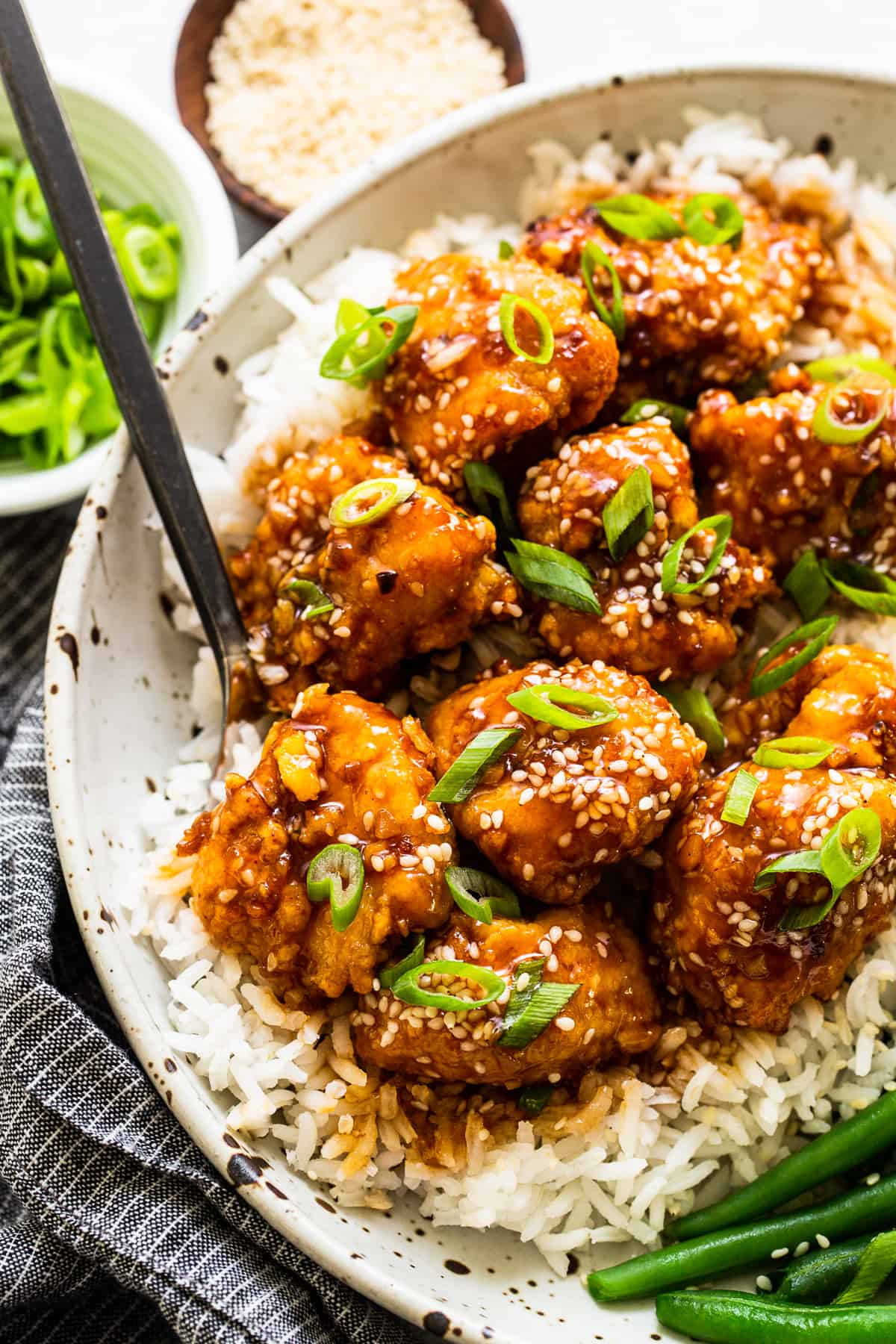 Air Fryer Honey Sesame Chicken in bowl