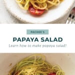 A picture of a bowl of papaya salad with a wooden spoon.