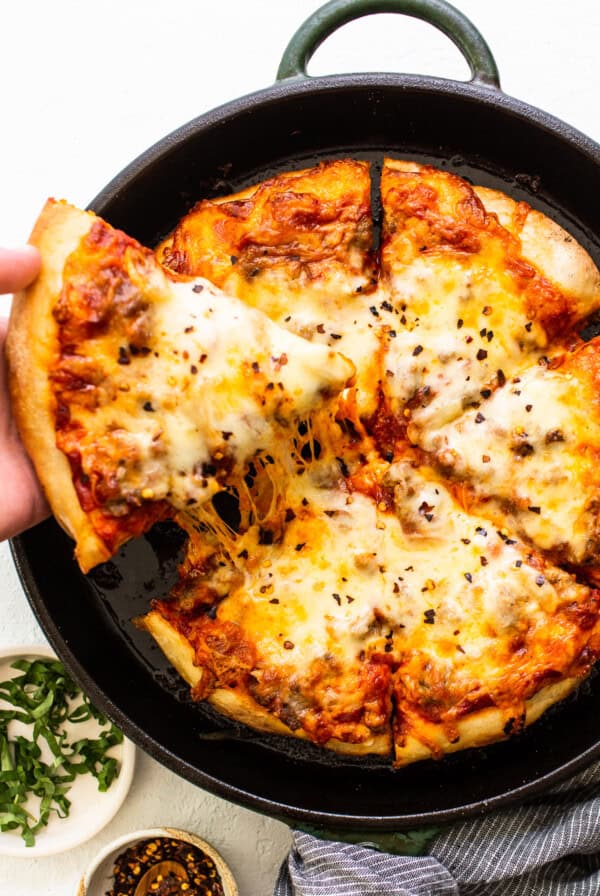 pizza made in cast iron skillet.