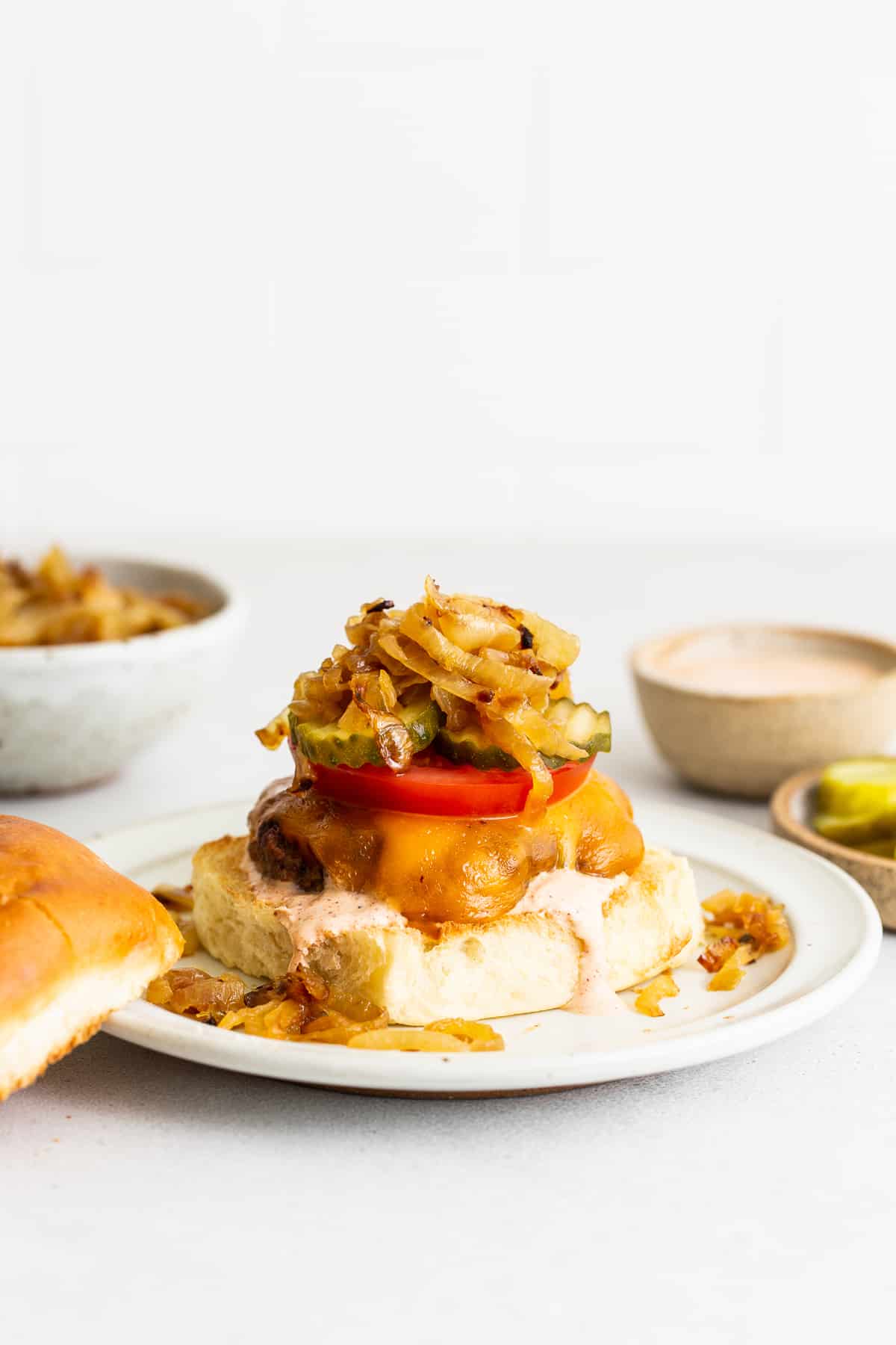 Homemade burger on a plate.