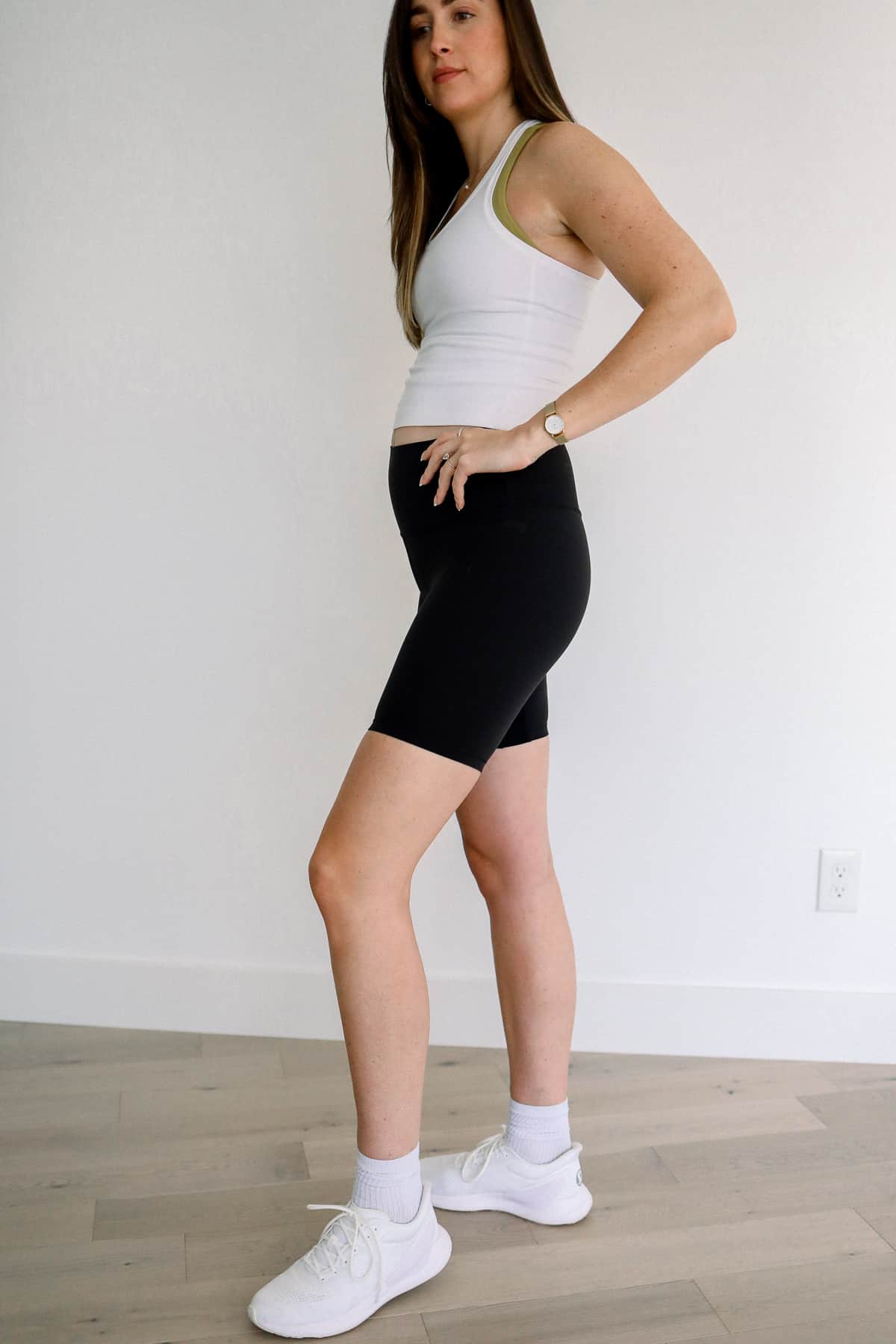 Woman wearing lululemon shorts.