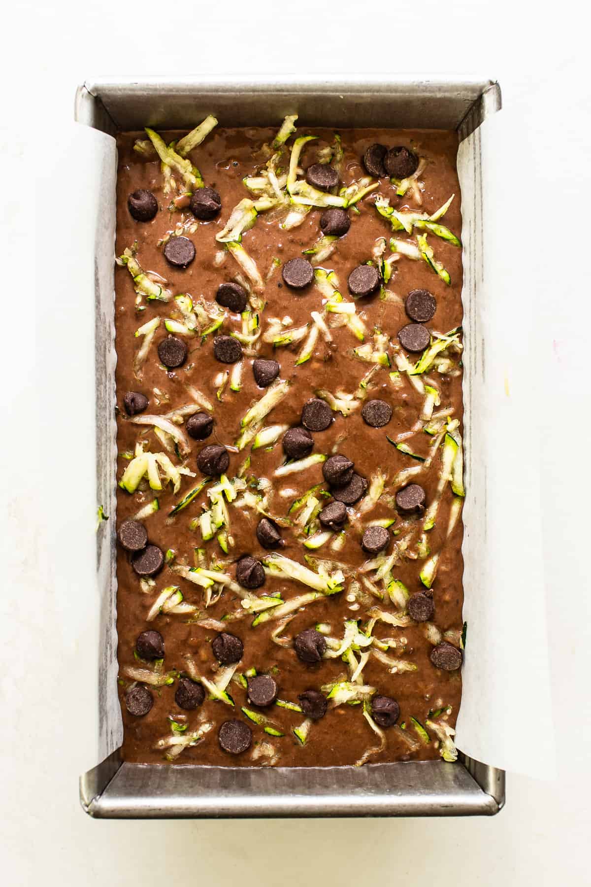 Loaf of chocolate zucchini bread ready to go in the oven.